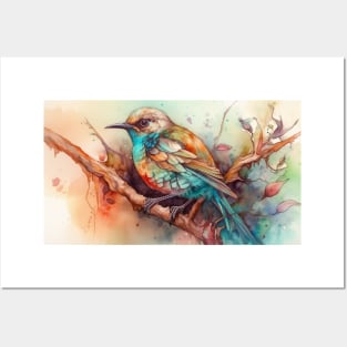 Watercolour bird on a branch Posters and Art